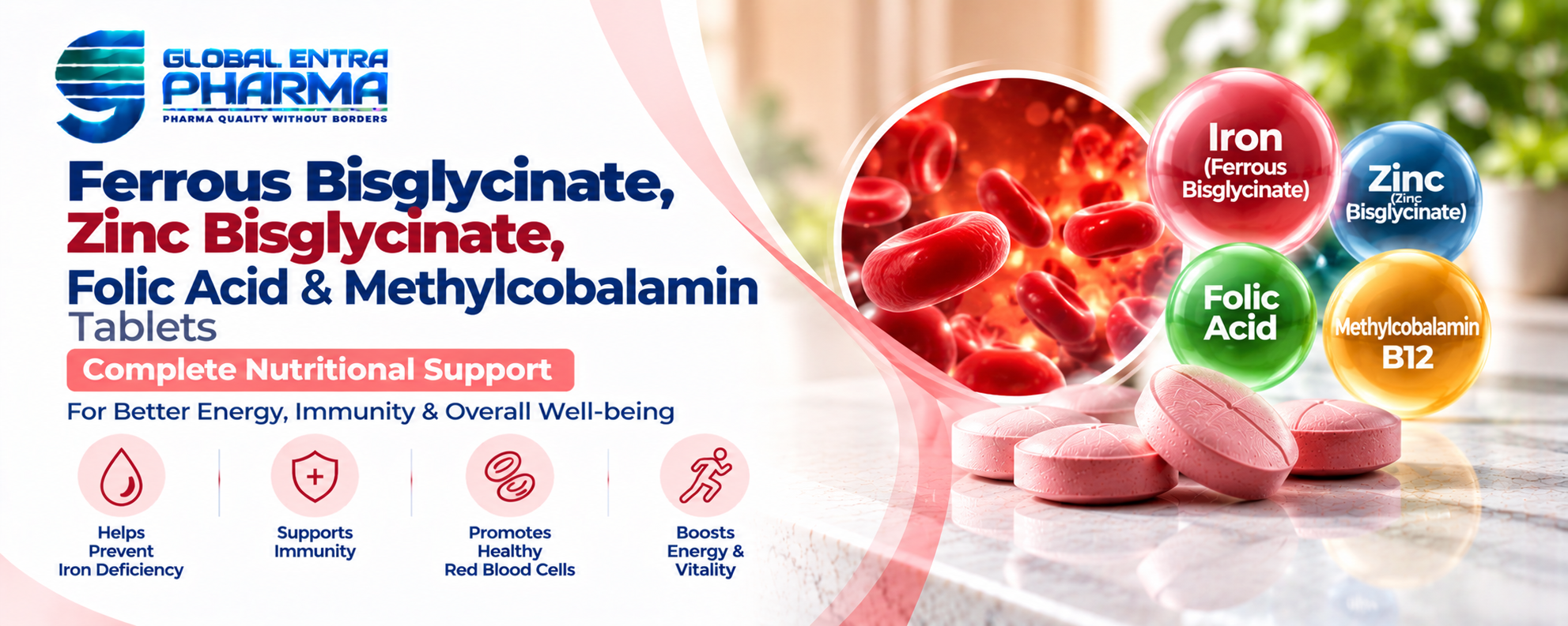 Ferrous Bisglycinate, Zinc Bisglycinate, Folic Acid & Methylcobalamin Tablets Manufacturer in India